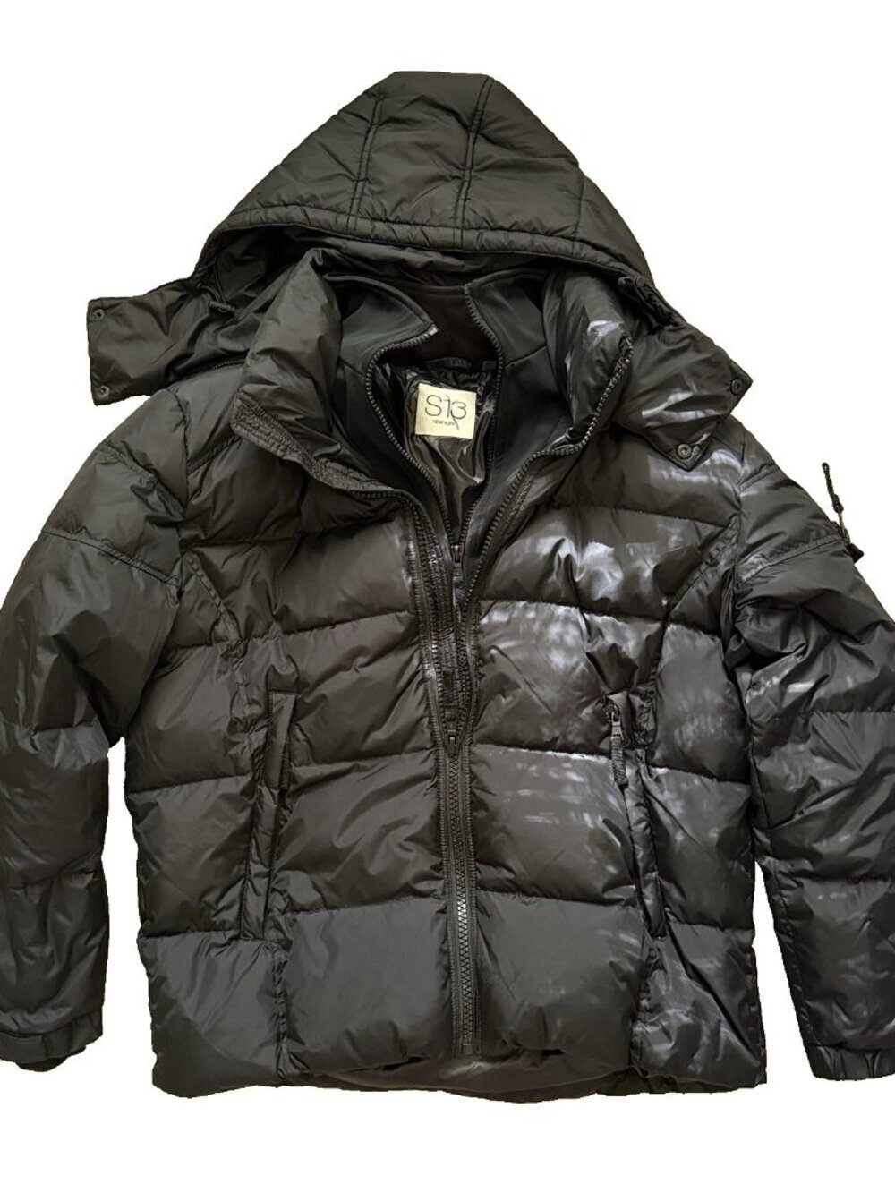 S13 Mens Down Fill Black Glossy Hooded Puffer Ski Jacket Winter Black Size XL